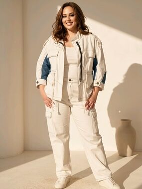 Cream Utility Jacket with Denim Sleeve Panels
